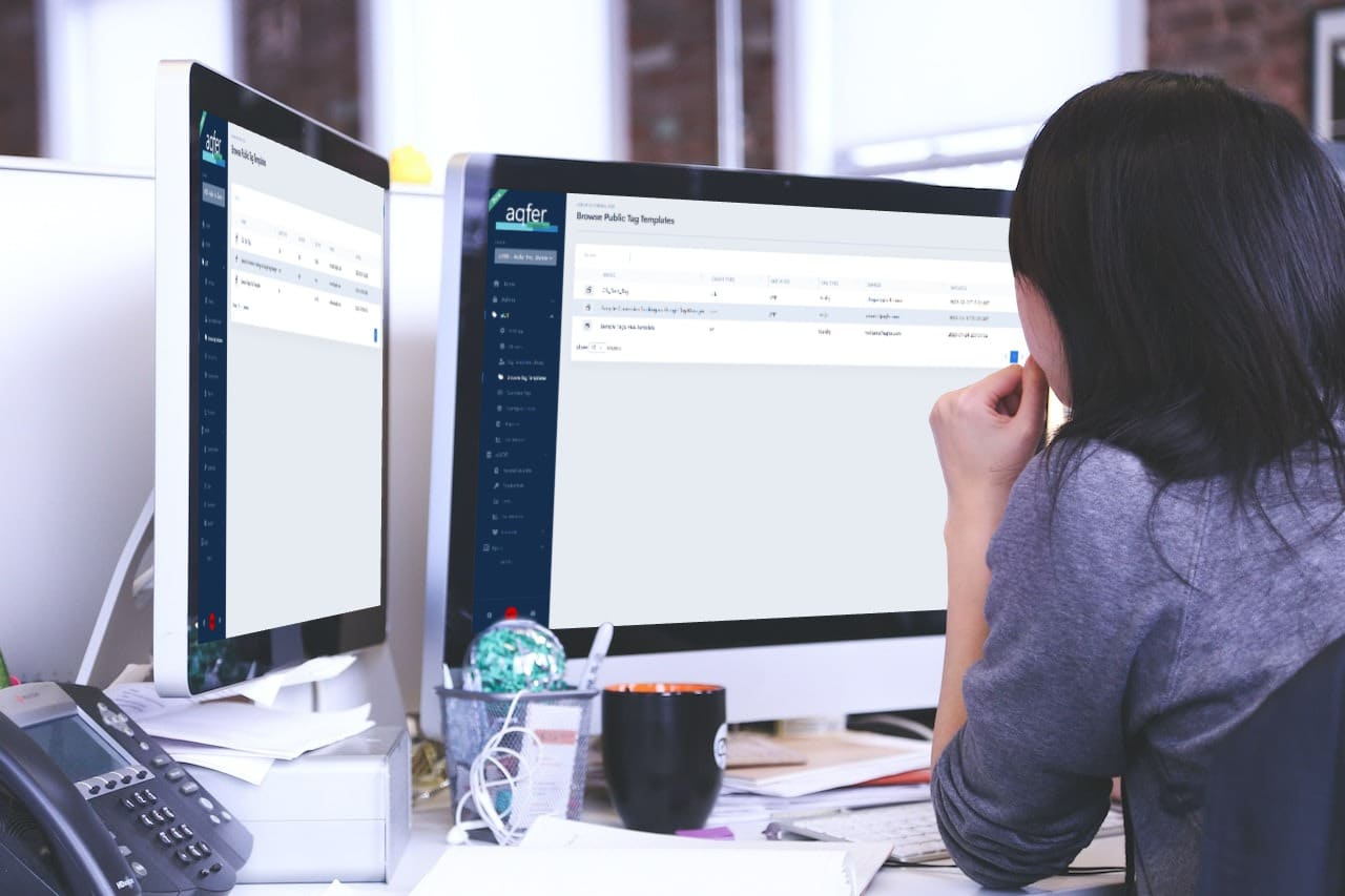woman-using-dual-screen-working-in-aqfer-portal-browsing-tag-templates